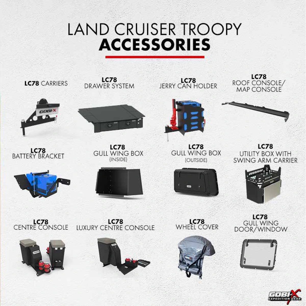 Toyota Land Cruiser 78 Troopy Utility Box with Swing-Arm Carrier - labelled accessory reference sheet