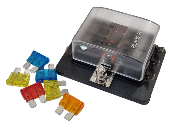 6 Way Blade Fuse Box with LED - Spade Terminal Connection