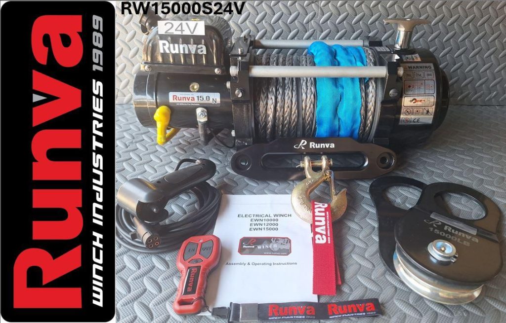 Runva Winch 15,000lb 24V with Synthetic Rope Heavy Duty Recovery Winch