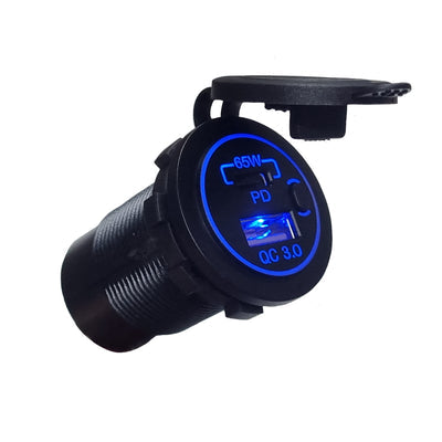 QC3.0 USB & Type C PD 65W Socket Charger with On/Off Switch - Blue LED