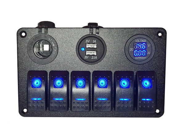 6 Gang switch panel- 12V Power Socket, Voltmeter + Ammeter & 3.1A Dual USB Charger Blue LED