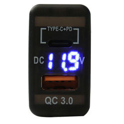 QC3 USB + Type-C Charger & Voltmeter (32x20mm) Toyota REVO - Blue LED