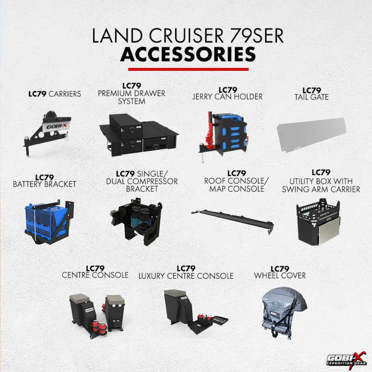 Toyota Land Cruiser 79 Series Utility Box with Swing-Arm Carrier - labelled accessory reference sheet