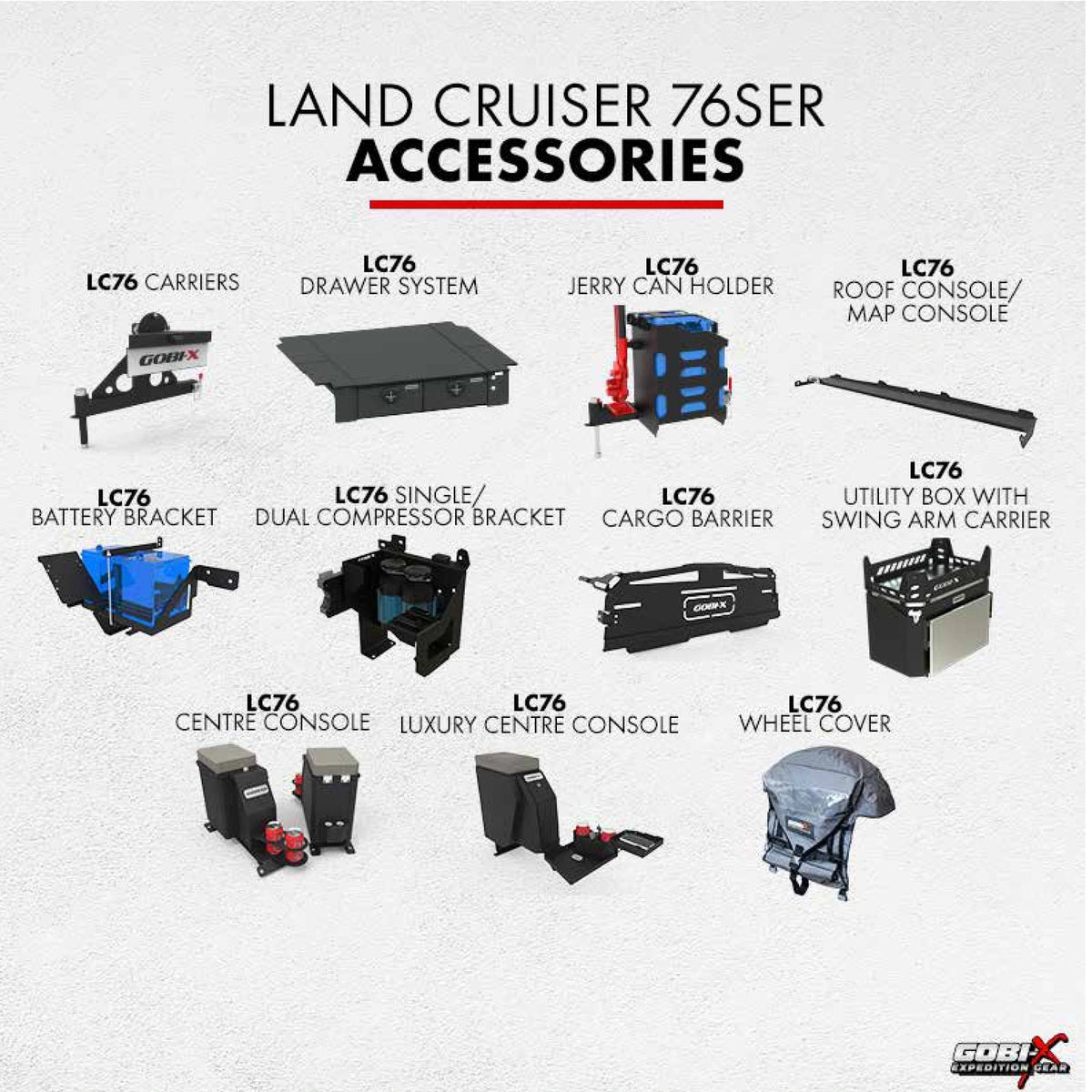 Toyota Land Cruiser 76 Series Utility Box with Swing-Arm Carrier - labelled accessory reference sheet