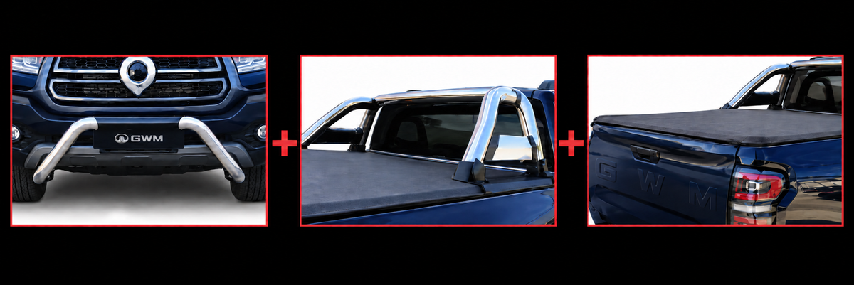 GWM P300 Double Cab Polished Nudge Bar, Sports Bar and Tonneau Cover Combo