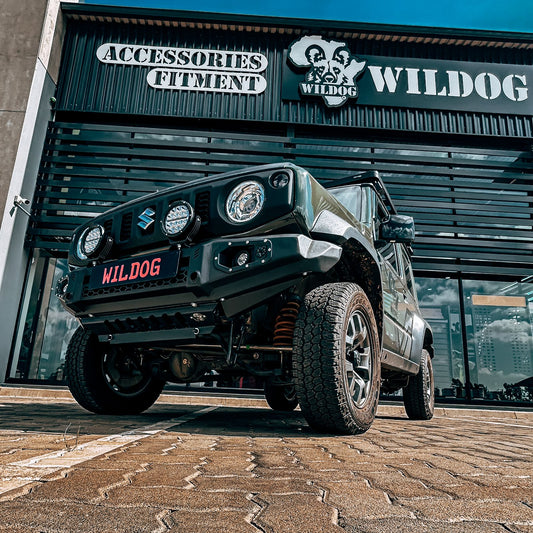 Suzuki Jimny Lightweight Front Replacement Bumper, Round Nudge Bar, Spotlight Brackets, Black