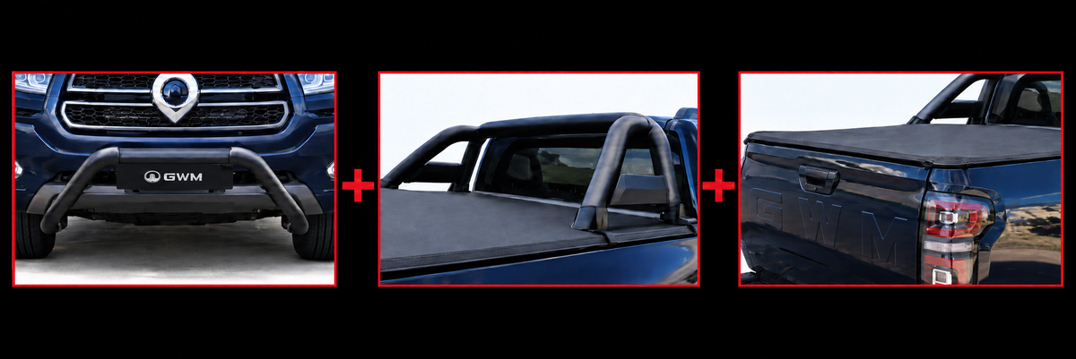 GWM P300 Double Cab Black Nudge Bar, Sports Bar and Tonneau Cover Combo