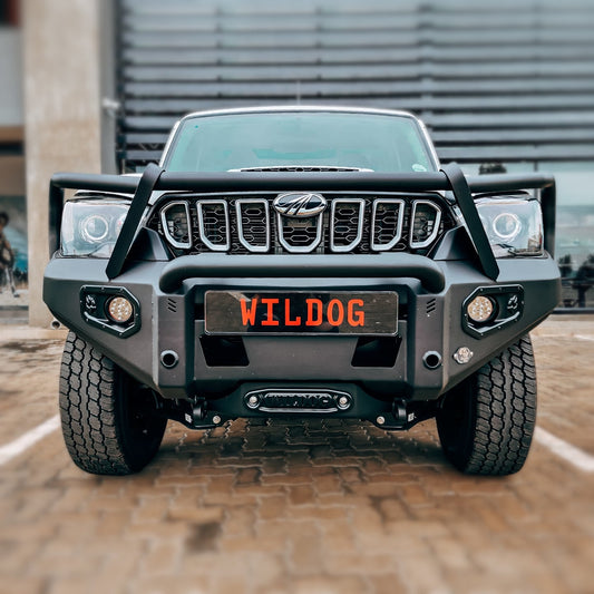 Mahindra Pik Up Hunter Front Replacement Bumper with Round Nudge Bar & Spotlight Brackets - Black
