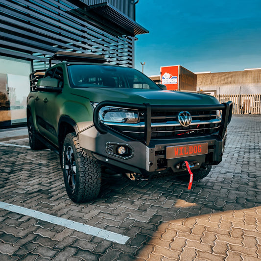 Volkswagen Amarok Next Gen Hunter Front Replacement Bumper, Round Nudge Bar, Spotlight Brackets, Black