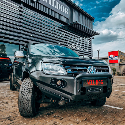 Volkswagen Amarok K9 Front Replacement Bumper, Round Nudge Bar, Spotlight Brackets, Black