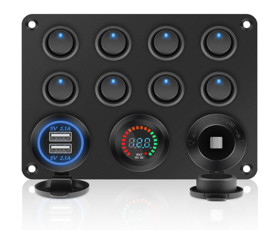 8 Mini Rocker Switch with Dual USB Charger, Voltmeter & Power Socket Panel